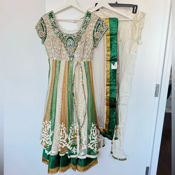 Indian Gold and Green embroidered Dress. Medium.
